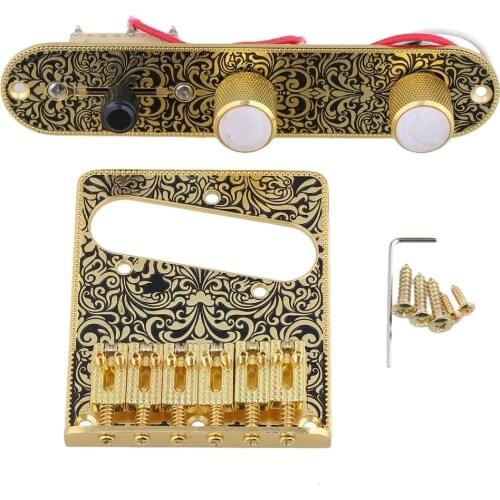 Gold & Black Electric Guitar Control Plate 3 Way Knobs Tremolo Bridge