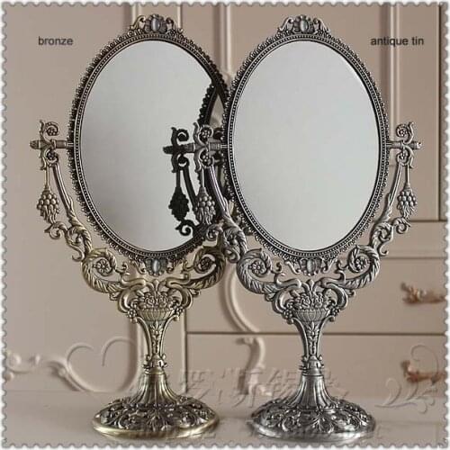 Vintage oval 360 rotating double face desktop table makeup cosmetic mirror embossed cut-out 331A