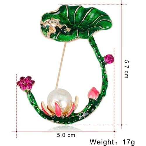 Ydgy Luxury Lotus Flower Green Leaves Frog Shape Brooches White Simulated Pearl Enamel Brooch For Women Hat Suit Accessories