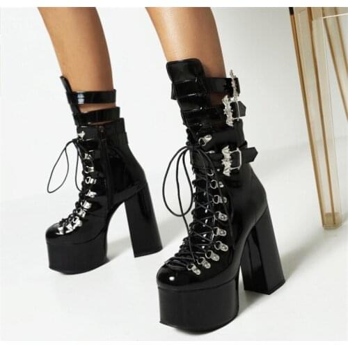 PXELENA Large Size 35-46 Street Punk Rock Gothic Cosplay Motorcycle Ankle Boots Women Buckle Block Super High Heels Biker Shoes