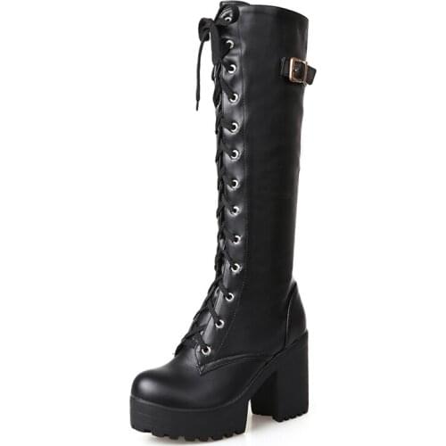 2020 Hot Sale Spring Autumn Lacing Knee High Boots Women Fashion White Square Heel Woman Leather Shoes Winter PU Large Size 43