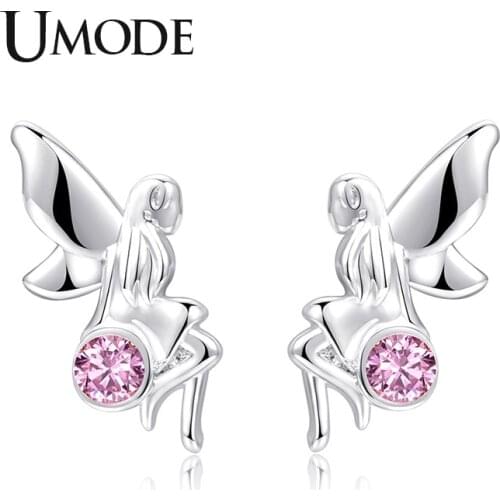 UMODE New Pink CZ Crystal Mysterious Fairy Stud Earrings for Women Fashion White Gold Zircons Jewelry Wings Studs AUE0567
