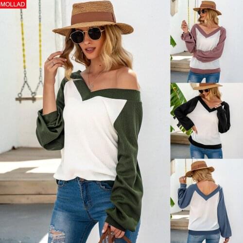 2021 Autumn and Winter New V-neck Color Matching Long Sleeve Loose Pullover Knitting Womens Clothing