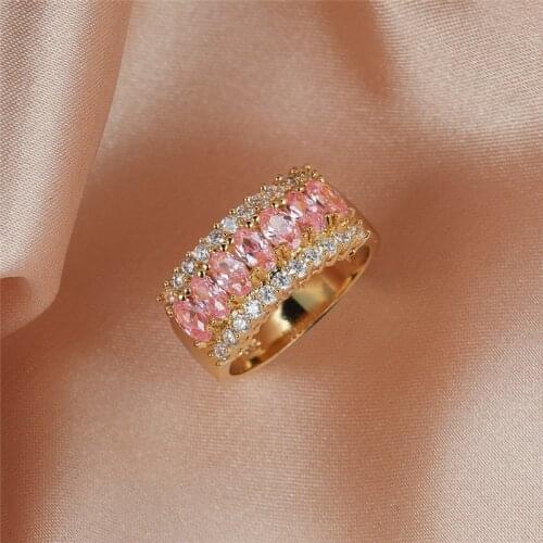 Elegant Pink Crystal Zircon Ring Single Row Marquise Stone Rings For Women Wedding Jewelry Vintage Fashion Yellow Gold Ring Gift
