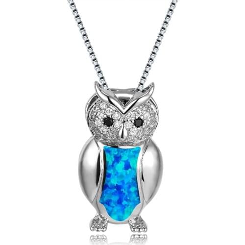 Cute Blue Opal Animal Necklace Dainty Female Crystal Owl Pendant Necklace Boho Silver Color Box Chain Necklaces For Women Choker