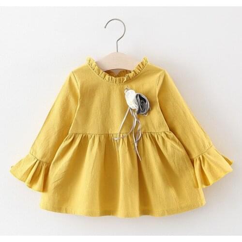 2019 Baby girls spring dress clothing Kids girls new cute long sleeves cotton Dress with flower brooch 1-2 Years