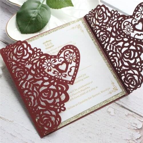 2020 new invitation marriage valentine'd day greeting card burgundy rose heart laser cutting party supply