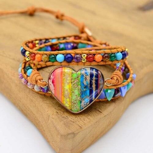4Unik 2021 Trendy Rainbow Heart Natural Stone 3 Layers Leather Cuff Bracelets Women Wrap Bracelets Femme Gifts Romantic 4UN-B331