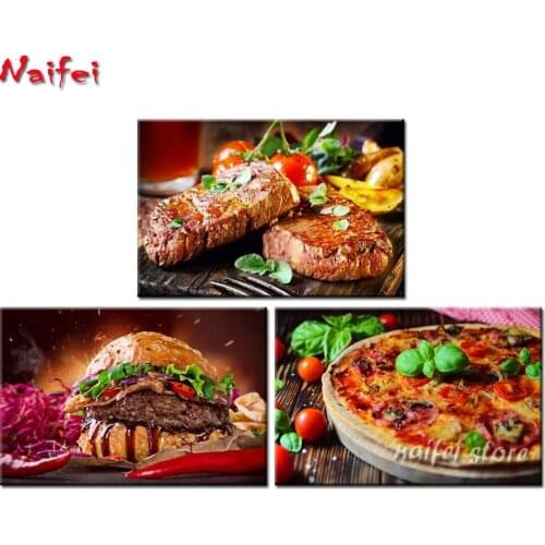 Diy 5d diamond painting 3 Piece Delicious Hamburger Piazza Steak Food Picture for Dining Room Kitchen Bar Restaurant Decorations