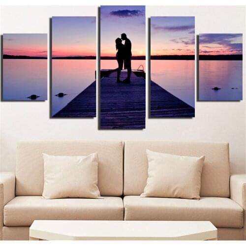 Unframed Canvas Painting Couple In The Sunset Modular Romantic Landscape Poster Wall Art Print Home Decoration 5pcs Oil Pictures
