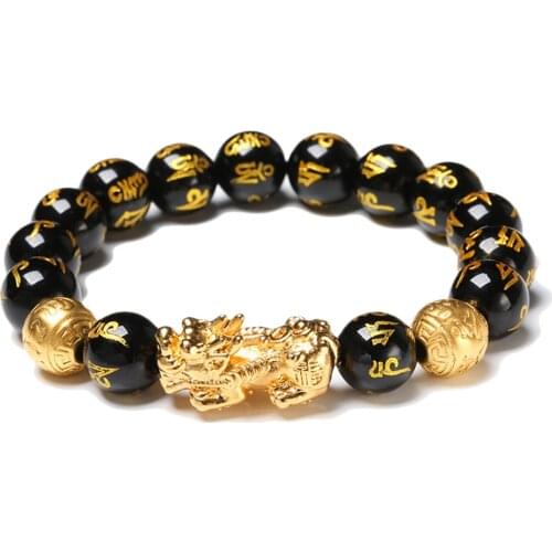 Feng Shui Obsidian Stone Beads Bracelet Men Women Unisex Wristband Gold Black Pixiu Wealth and Good Luck Women Bracelet
