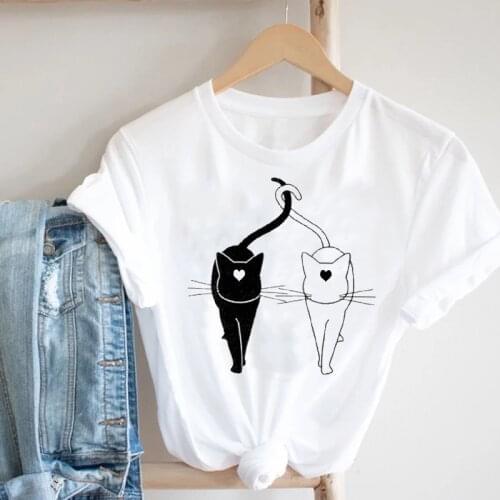 FIXSYS Fashion Clothes Women Printing Cat 90s Sweet Love Kawaii Valentines Day Printed Tshirt Female Graphic T-shirt