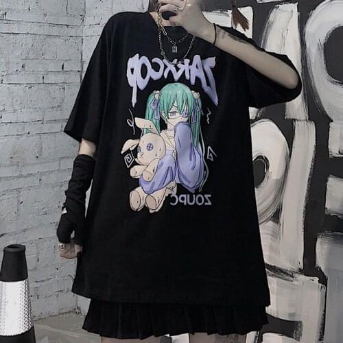 Japanese Harajuku Gothic Anime Cartoon Print T-Shirts Summer Women Chic Short Sleeve Loose Tops Casual Couple Vintage Punk Tees