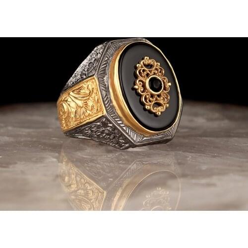 Onyx Gold Plated 925 Silver Engraved Traditional Handmade Turkish Signet Ring Best Craftmanship Jewelry Gift for Women Men