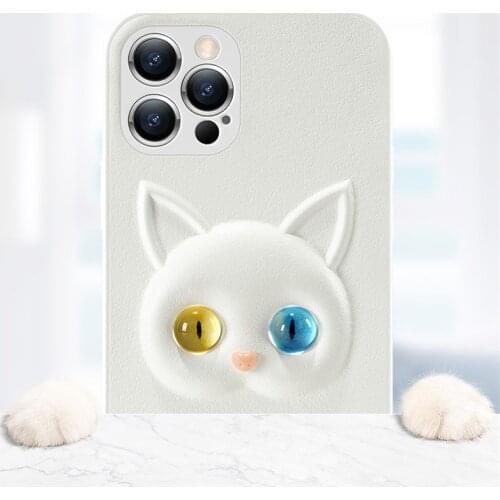 Leather Texture 3D Cute Cat Eyes Phone Case for Iphone 6s 7 8 Plus 12 Mini 11 Pro Max Se 2020 Xs Max Xr X 10 White Phone Cover