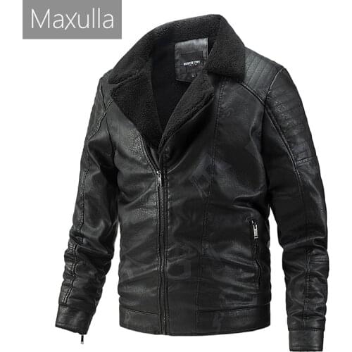 Maxulla Winter Mens PU Jackets Causal Fleece Warm Biker Leather Coats Male Fur Collar Faux Leather Motorcycle Jackets Clothing