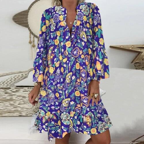 Summer Hot Style Boho Mini Dress Women Ladies Plus Size Loose Print Long Sleeve V-Collar Button Dress Holiday Beach Sundress