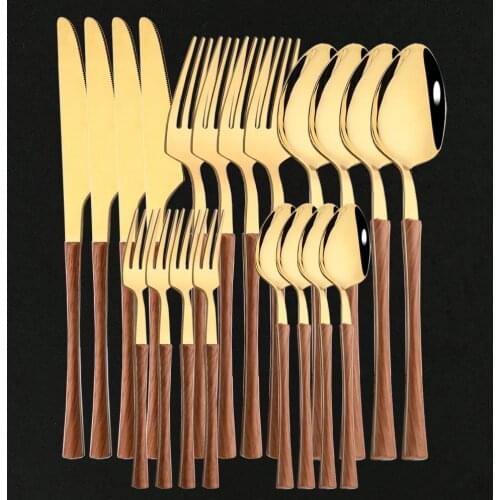 4/20Pcs Stainless Steel Imitation Wooden Handle Cutlery Set Dinnerware Clamp Western Tableware Knife Fork Tea Spoon Silverware
