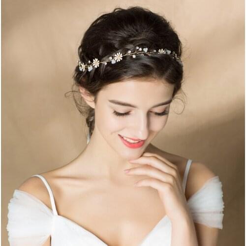 Romantic Elegant Bridal Headdress Painted Daisy Pearl Crystal Headband with Ribbon for Wedding Perform Studio Photo O623