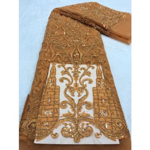 Orange Handmade Lace Fabrics High Quality African Beaded Tulle Fabric Embroidery Lace With Pearls For Wedding Dresses