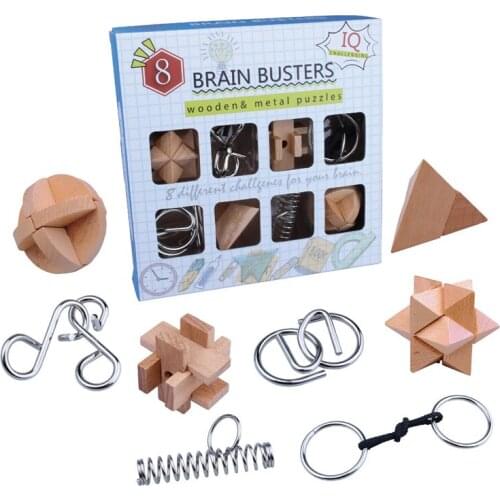 Original High Quality Wooden & Metal Puzzles 8PCS/Sets 3D Wire Intelligence Buckle Classic Knot Interlocking IQ Challenging Toys