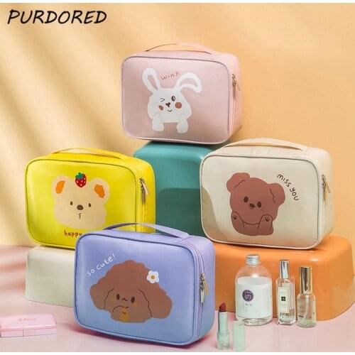PURDORED 1 Pc Cute Girl Cosmetic Bag Waterproof Pu Leather Makeup Bag for Women Zipper Cartoon Beauty Case Travel Toiletry Bags