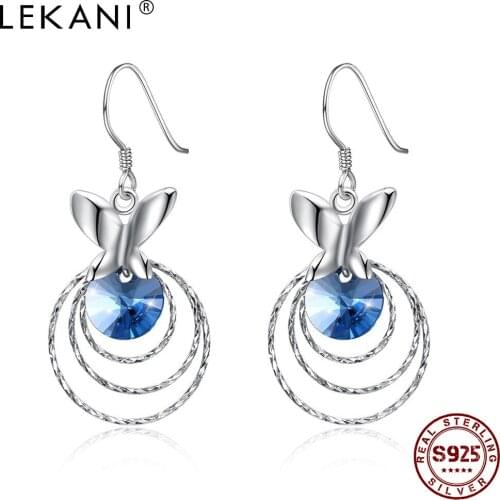LEKANI 925 Sterling Silver Blue Austria Crystals Earrings For Women Butterfly three Circles Round Drop Earrings Fashion Jewelry