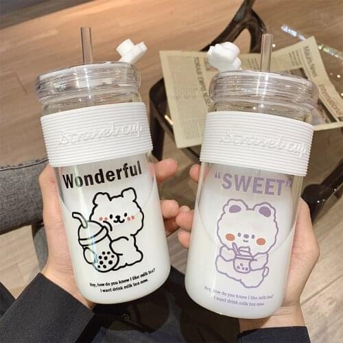 Glass cup cartoon cute animal pattern milk tea cup modern simple transparent straw casual cup student child girl heart gift