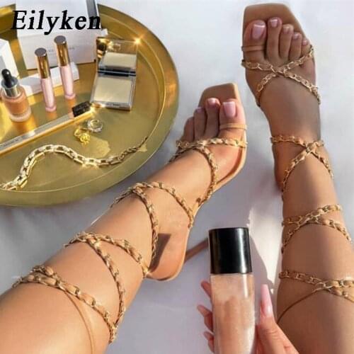 Eilyken Woman Sexy Elegant Ankle Strappy Party Shoes Chain High Heels Wedding Shoes Open Toe Shoes Zapatos Size 35-42