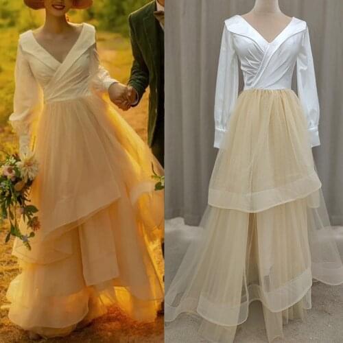 Patchwork Long Sleeve Rustic Country Wedding Dress V Neck Pleated Bridal Gown 2021 Real Photos Cheap Free Shipping Dress 3122