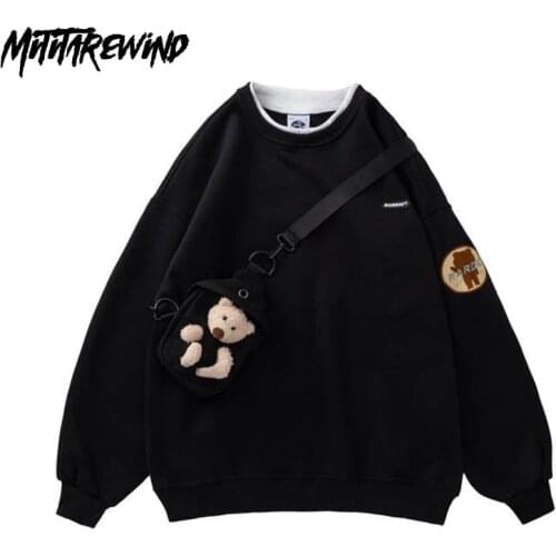 Japanese Hoodies Men Cute Bear with Bag Design Couple Hoodies O-Neck Plus Velvet Sweatshirts Women Loose Fake Two-pieces Tops