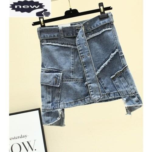 Denim 2021 Summer New High Waist Stitching A-line Jeans Mini Skirt Women Belted Slim Tassels Casual Skirts Plus Size 5XL