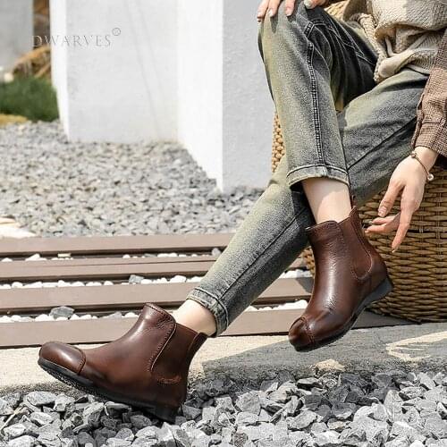 2020 Handmade Soft Leather Ankle Boots Retro Round Toe Short Boots Women Chelsea Boots Coffee/Black