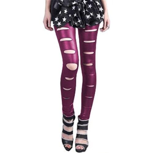 Womens Leggings Sweatpants Lmitation Leather Holes Arbitrarily Cut Tall Waist Comfort