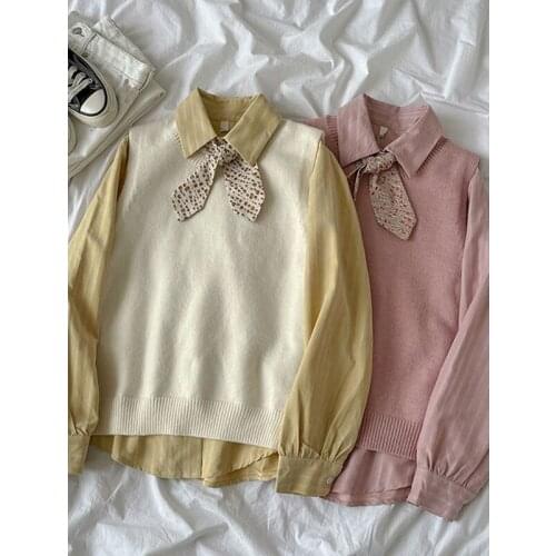 Long Sleeve Sweet Y2k 2 Piece Set Women Korean Fashion Elegant Casual Shirts + Pure Color Vest Vintage Siut Female 2021 Autumn