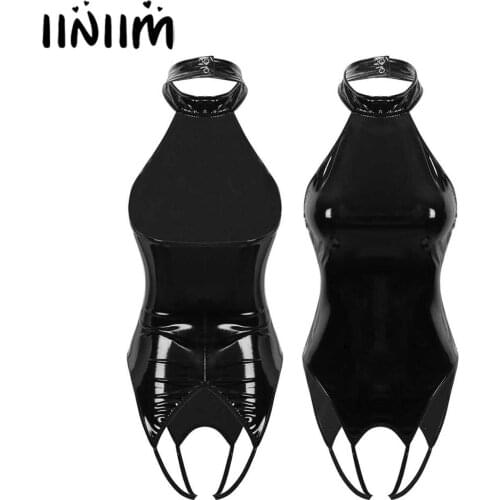 Womens Femme Evening Parties Latex Clubwear Teddies Lingerie Catsuit Crotchless Sissy Cocktail Butt Bodysuit Backless Bodycon