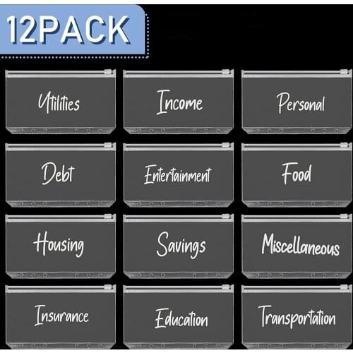 12 Pieces Binder Pockets A6 Size 6 Holes Binder Envelopes Zipper Folders Clear PVC Loose Leaf Bags for Money Cash Budgeting