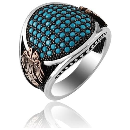 925 Silver Blue Stone and Eagle Covered Ethnic Turkish Ring for Men