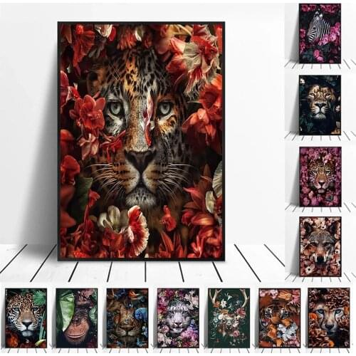 Diamond Painting Full Drill Square Animal In Flowers Diamond Embroidery Tiger Elephant Elk Cross Stitch Kit Diamond Mosaic Art