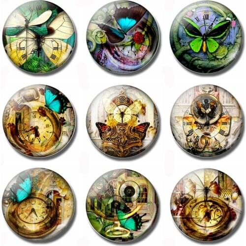Dragonfly Clock 30 MM Fridge Magnet Steampunk Butterfly Watch Glass Dome Magnetic Refrigerator Stickers Note Holder Home Decor