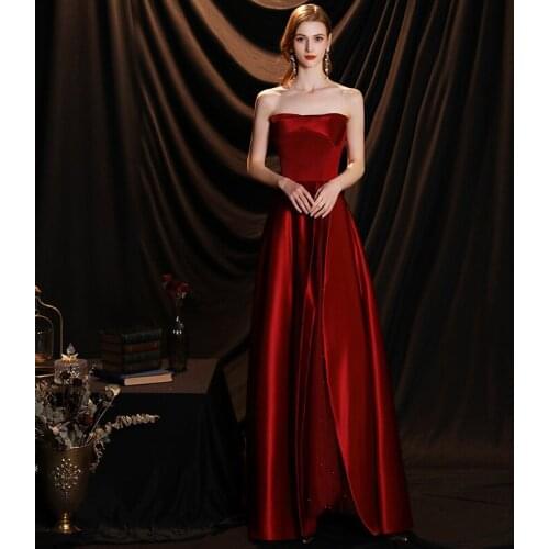 Elegant Burgundy Celebrity Dress Strapless A Line Satin Tulle Pleated Sleeveless Wedding Banquet Party Guests Evening Prom Gowns