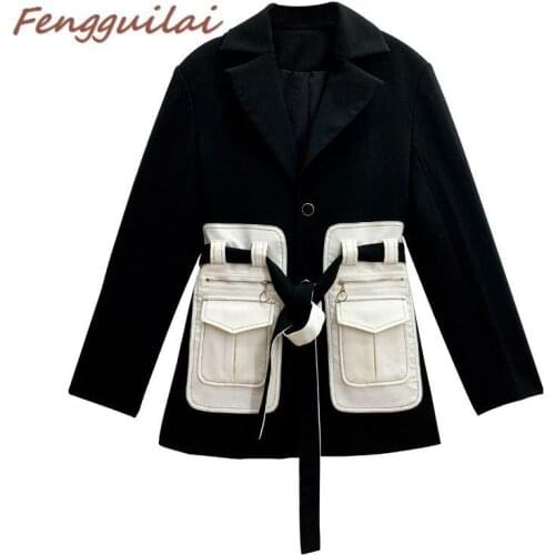 FENGGUILAI Autumn Winter Woman Blazer Jacket New Design Black-and-white Chic Long Suit Female Casual Coat Long Suit Jacket 2021