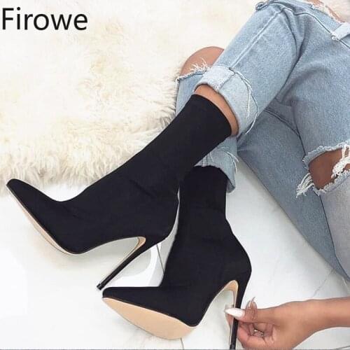Firowe Womens Shoes Stretch Fabric Ankle Boots Elastic Pointed Toe Stiletto High Heels plus Size Womens Short Boots Size 43