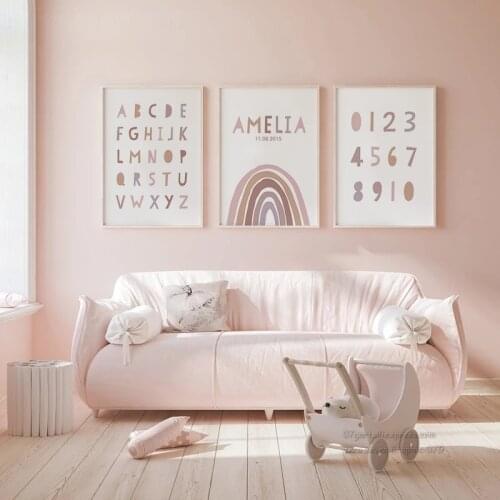 Personalized Baby Name Birth Date Rainbow Nursery Poster Wall Art Kids Room Canvas Painting Picture Gift for Child Bedroom Decor