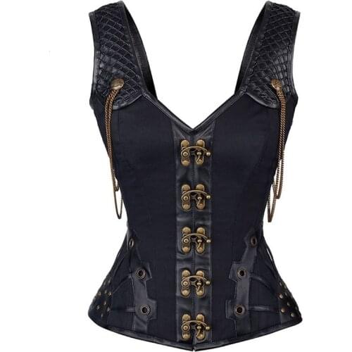 Steampunk Corset with Chain Buckles Retro Cosplay Fancy Party Outfits Pirate Girl Dress Coffee Black Lacing-up Basque Top S-2XL