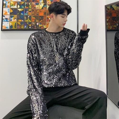 Tide Male Hip Hop Dancer Team Performance Tees Shirts Round Collar Glitter Sequins Long Sleeve Loose T-shirt Spring Autumn Tops