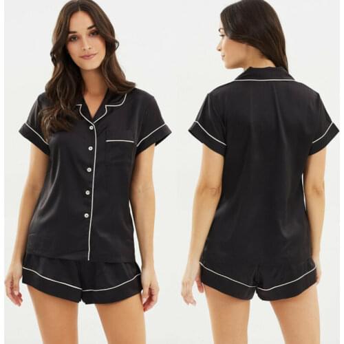 Soft Turn-down Collar Shirts Shorts Set Nightwear Pajamas Set Pure Colors Summer Women Lace Silk Satin Sleepwear