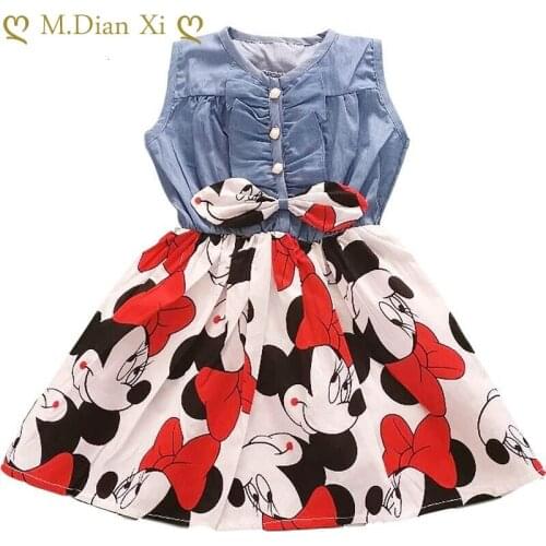 Girls Dress Childrens Clothing Summer New Cotton Sand Wash Denim Stitching Cartoon Pattern Girl Dress 3-7Y Kids Clothing
