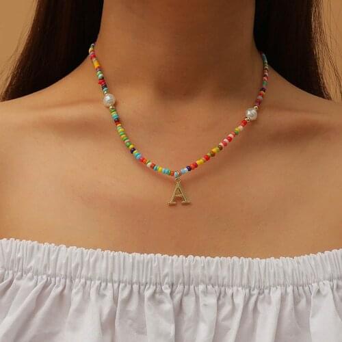 Simple Fashion Womens Handmade Multicolor Beaded Necklaces For Women Trendy Gold Metal Letter A Pendant Necklace Party Jewelry