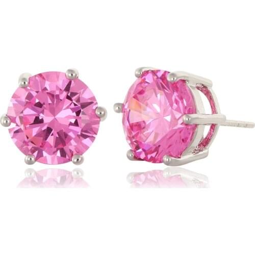 White Gold Color Big Six Claw Pink CZ Zircon Round Large Stud Earrings For Women Children Girls Kids Anti-Allergic Jewelry Aros